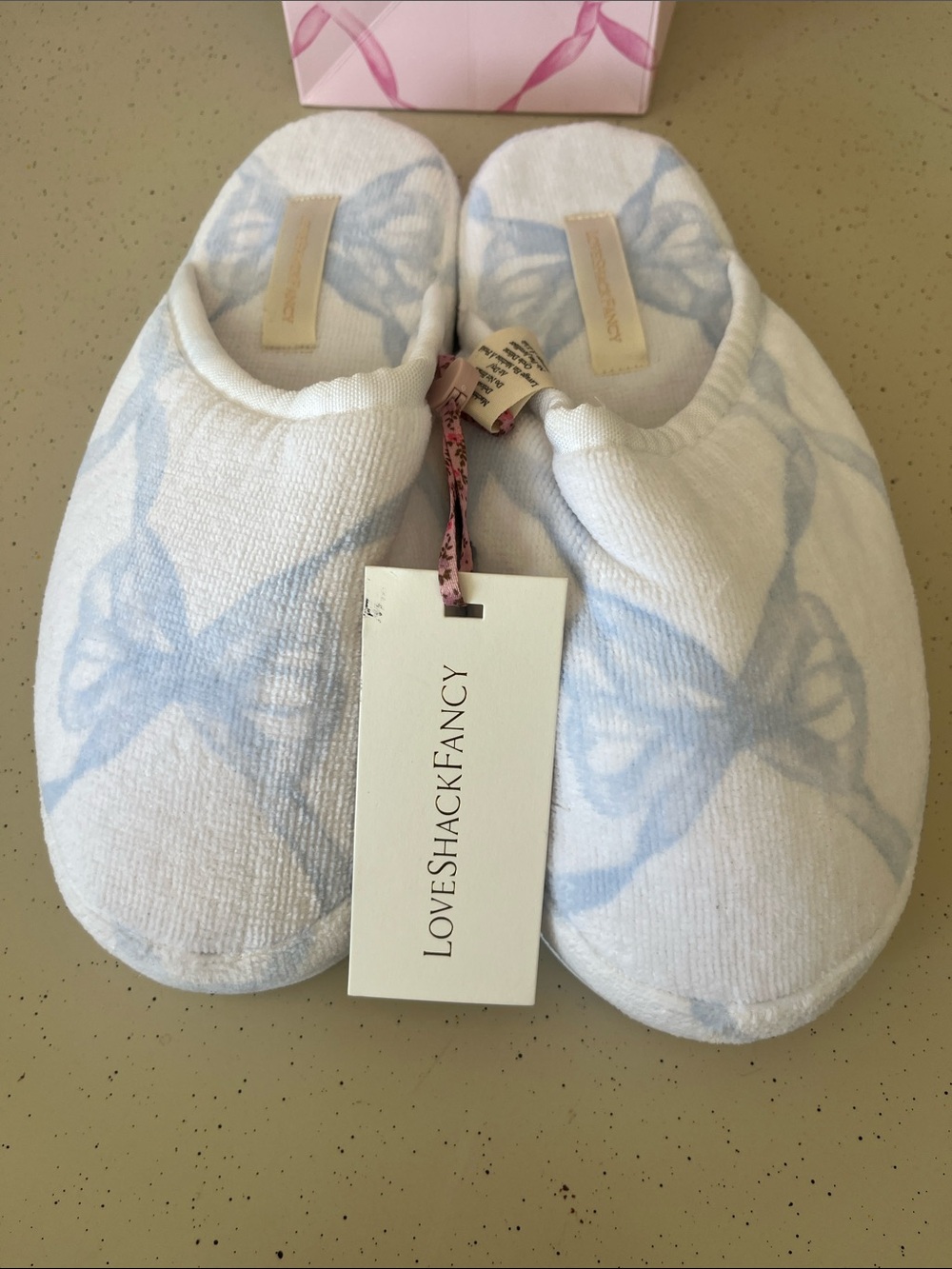 LoveShackFancy White & Light Blue Ribbon  Slip-On Slippers size s/m